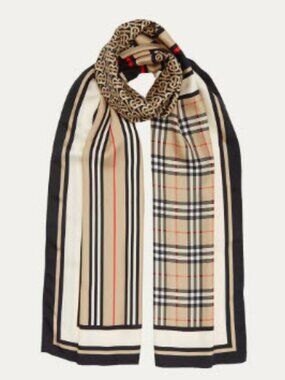 Womens Burberry Beige Black Silk Montage Signature Check Icon Plaid Print Scarf